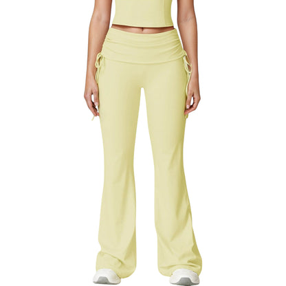 Drawstring Ruched Waist Flared Leg Pants Stretch Fabric Active Yoga Lounge Bottoms