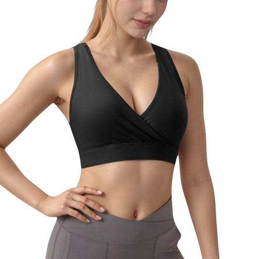 Crossover V-Neck Sports Bra with Wide Straps and Stretch Support Band