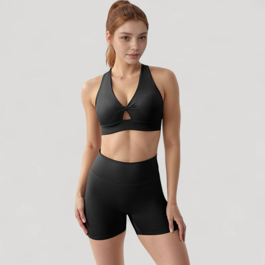 Twist Front Sports Bra with Keyhole Cutout and Wide Shoulder Straps