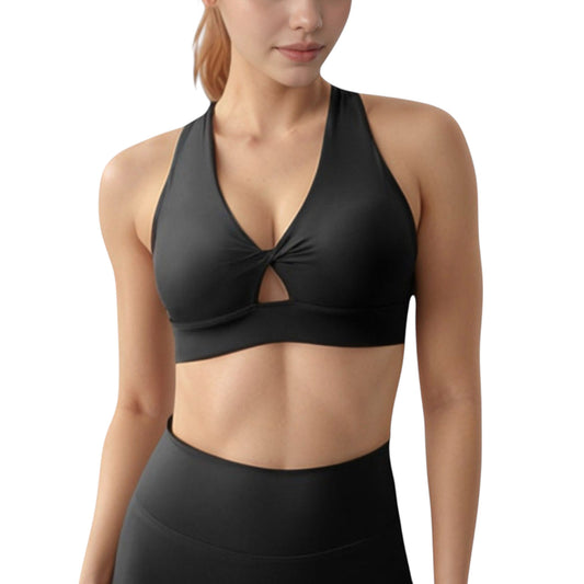 Twist Front Sports Bra with Keyhole Cutout and Wide Shoulder Straps