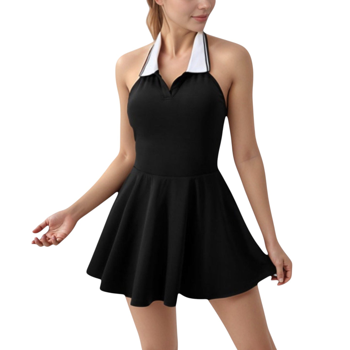 Sleeveless Tennis Dress with Contrast Polo Collar and Flared Skirt Design
