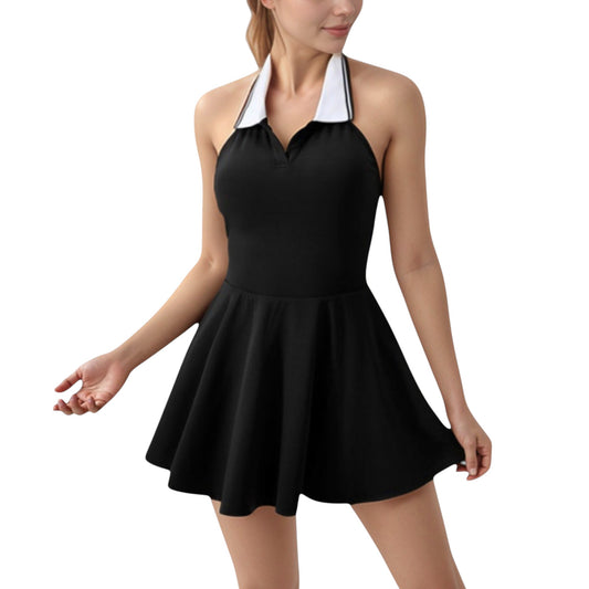 Sleeveless Tennis Dress with Contrast Polo Collar and Flared Skirt Design