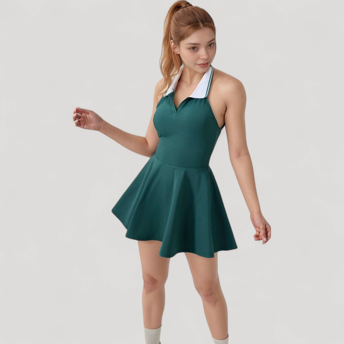 Sleeveless Tennis Dress with Contrast Polo Collar and Flared Skirt Design