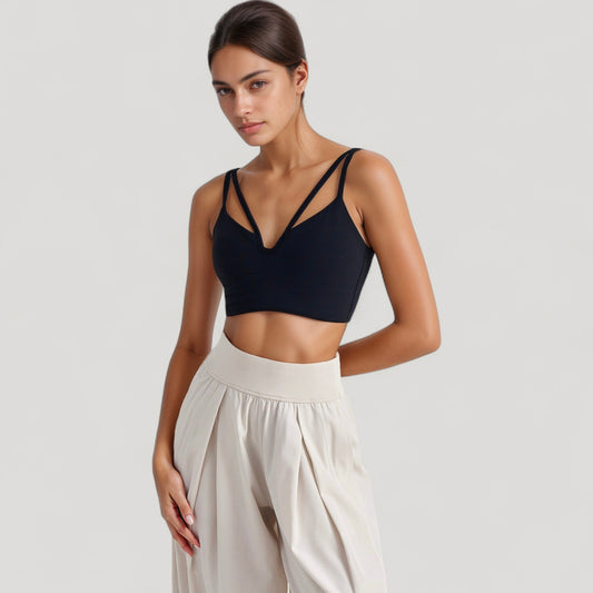 V-Neck Double Strap Sports Bra Top with Lightweight Stretch Fabric and Soft Support