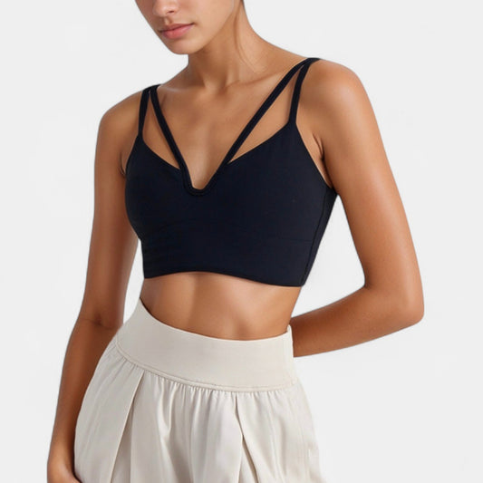 V-Neck Double Strap Sports Bra Top with Lightweight Stretch Fabric and Soft Support