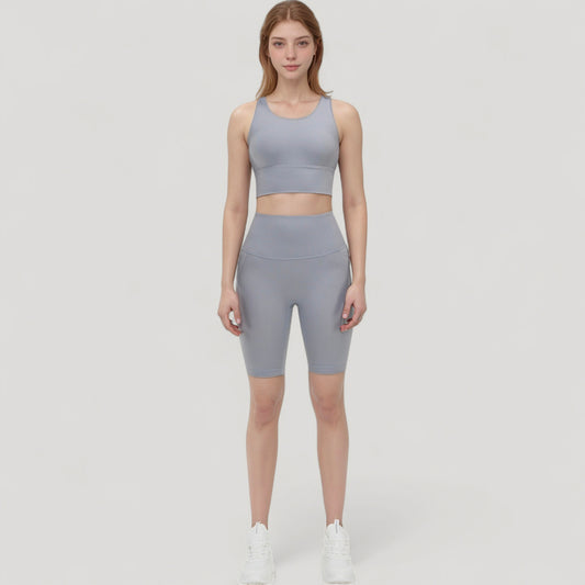 Scoop Neck Longline Sports Bra with Wide Shoulder Straps and Deep V-Back Design