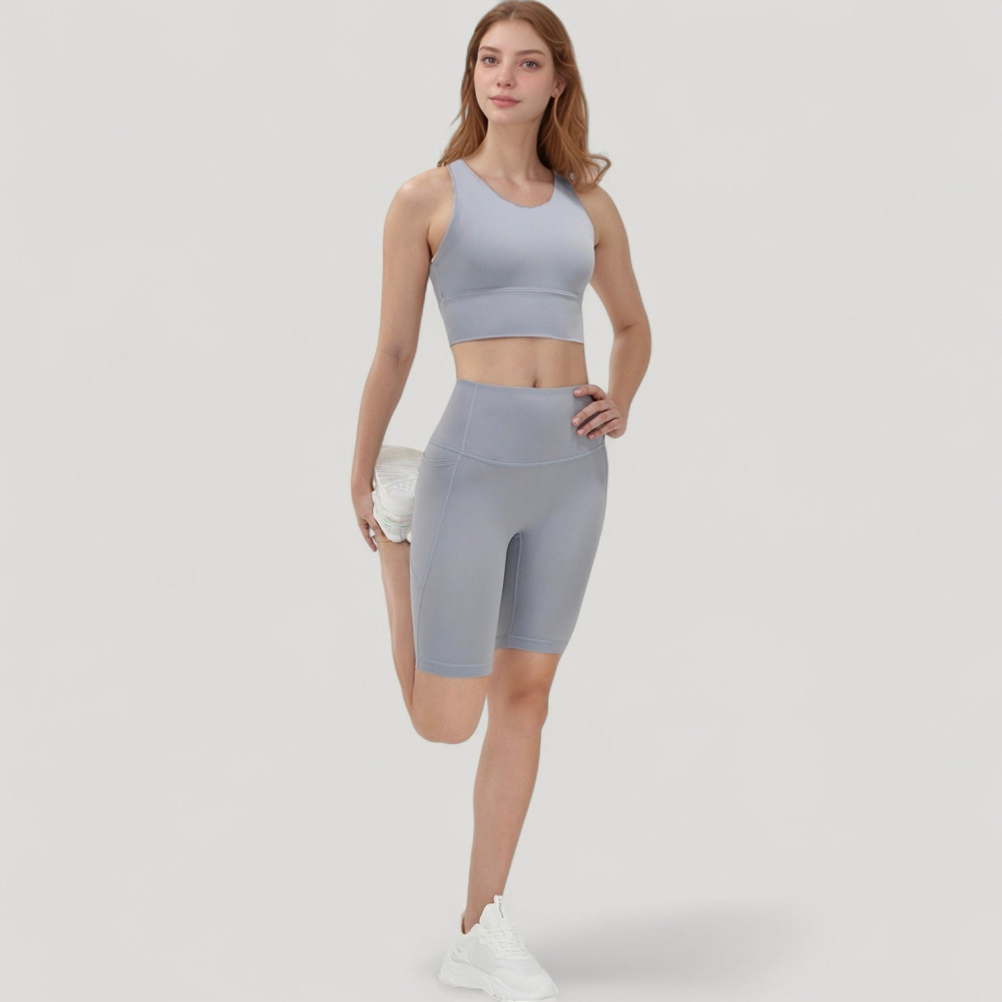 Scoop Neck Longline Sports Bra with Wide Shoulder Straps and Deep V-Back Design