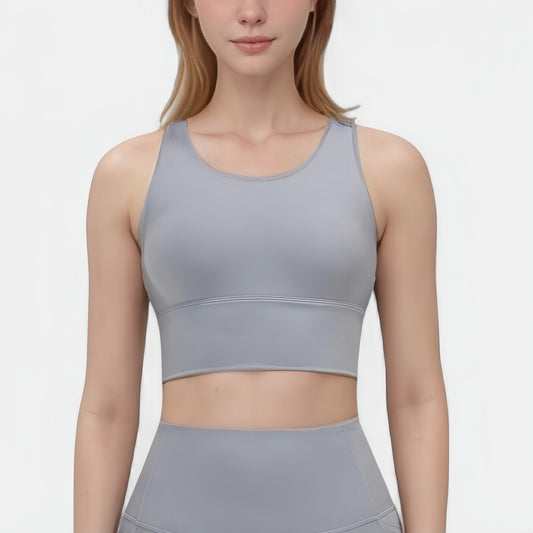 Scoop Neck Longline Sports Bra with Wide Shoulder Straps and Deep V-Back Design