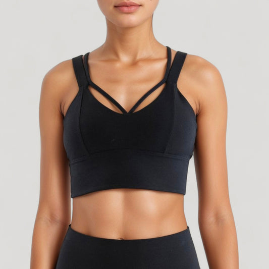 Strappy V Neck Sports Bra Top with Wide Shoulder Bands and Soft Stretch Fabric