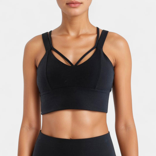 Strappy V Neck Sports Bra Top with Wide Shoulder Bands and Soft Stretch Fabric