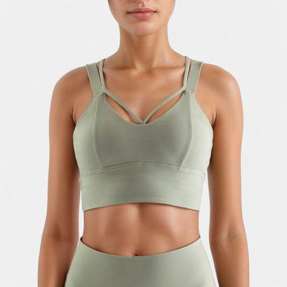 Strappy V Neck Sports Bra Top with Wide Shoulder Bands and Soft Stretch Fabric