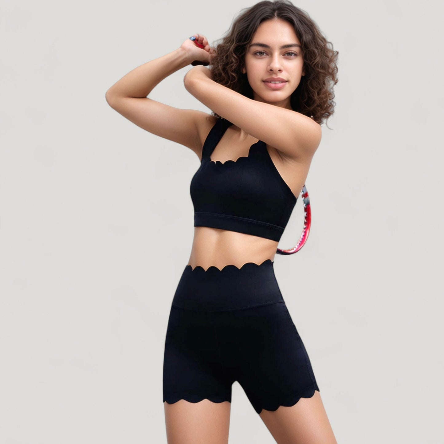 Scalloped Edge Sports Bra Top with Wide Straps and Soft Stretch Fabric