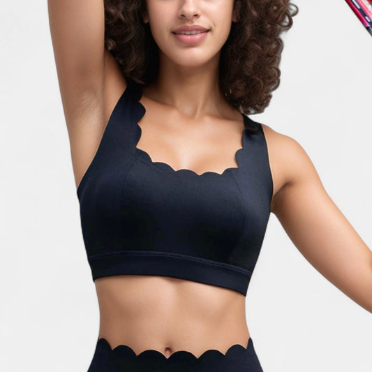 Scalloped Edge Sports Bra Top with Wide Straps and Soft Stretch Fabric
