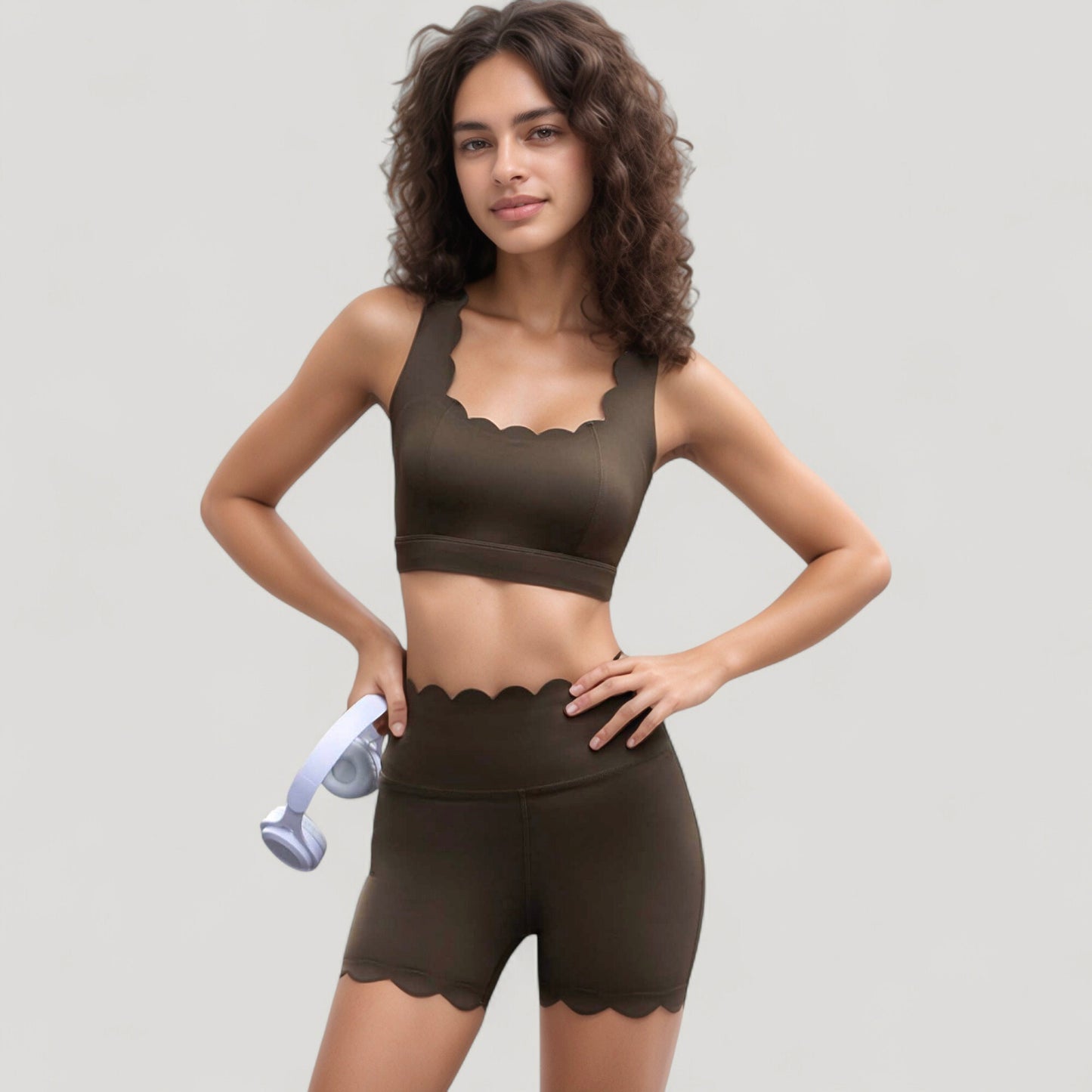 Scalloped Edge Sports Bra Top with Wide Straps and Soft Stretch Fabric