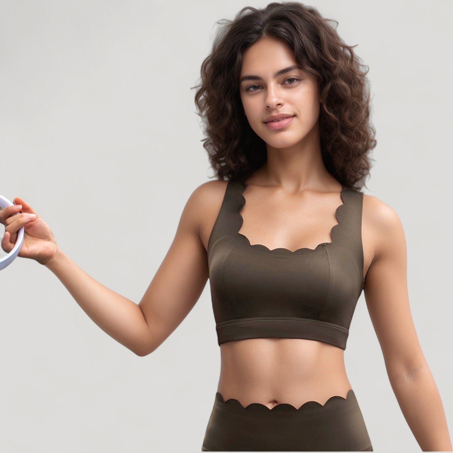 Scalloped Edge Sports Bra Top with Wide Straps and Soft Stretch Fabric