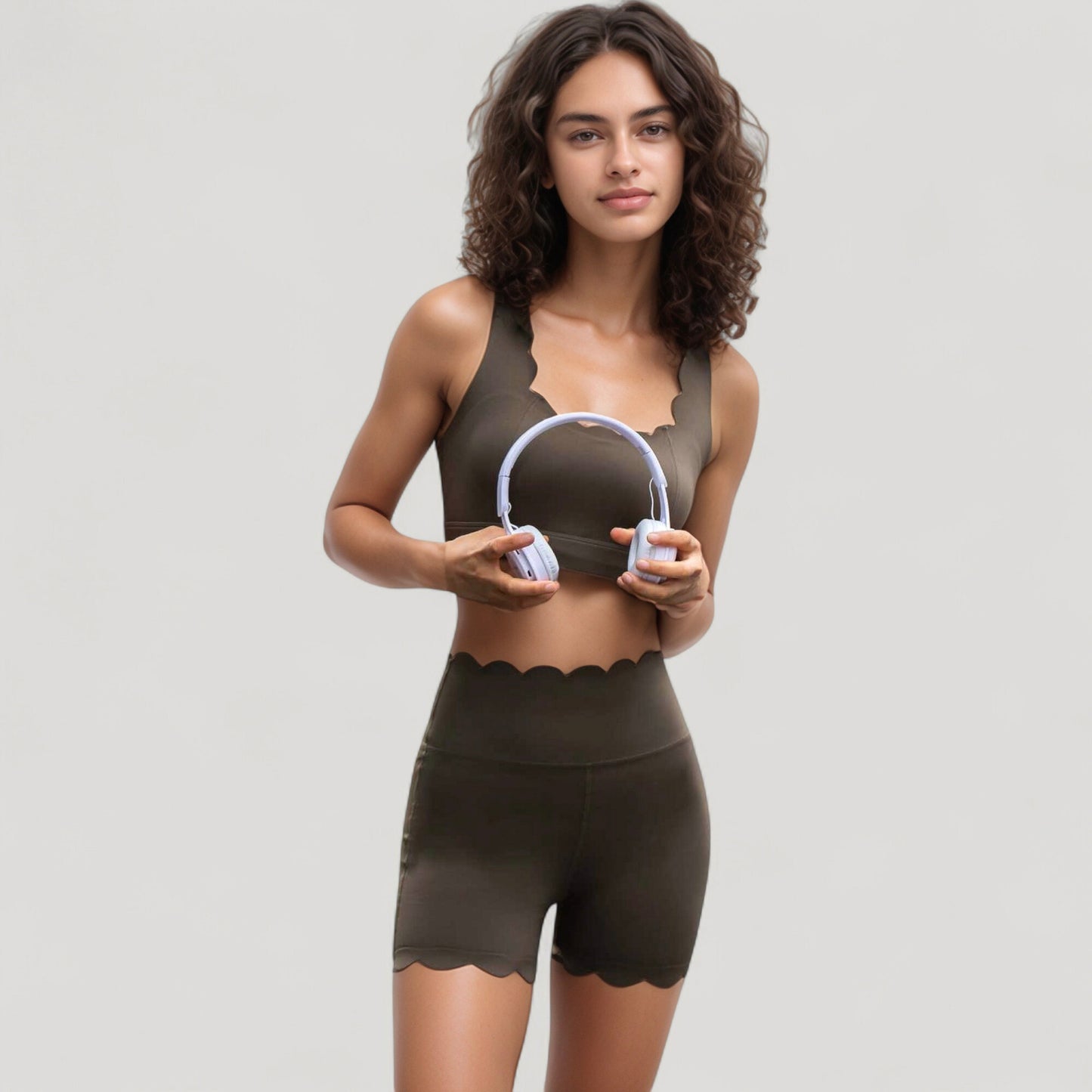 Scalloped Edge Sports Bra Top with Wide Straps and Soft Stretch Fabric