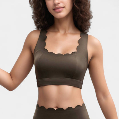 Scalloped Edge Sports Bra Top with Wide Straps and Soft Stretch Fabric