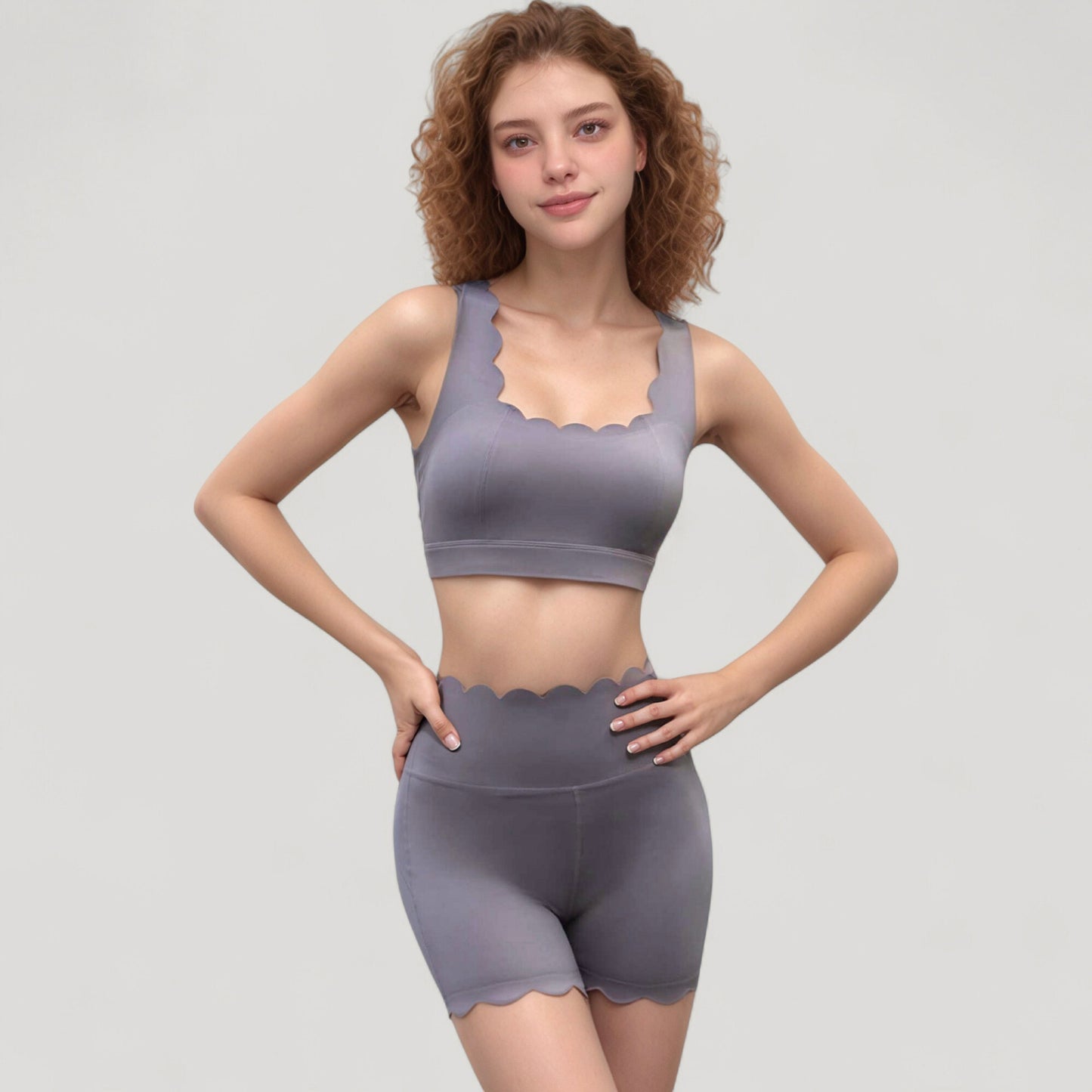 Scalloped Edge Sports Bra Top with Wide Straps and Soft Stretch Fabric