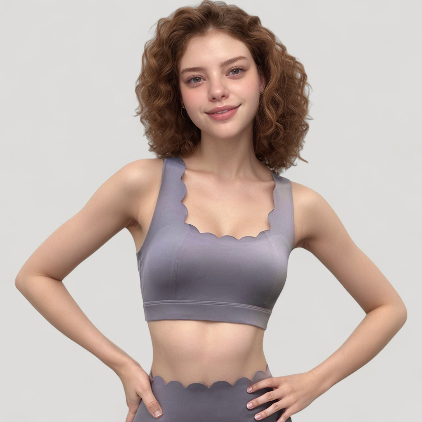 Scalloped Edge Sports Bra Top with Wide Straps and Soft Stretch Fabric