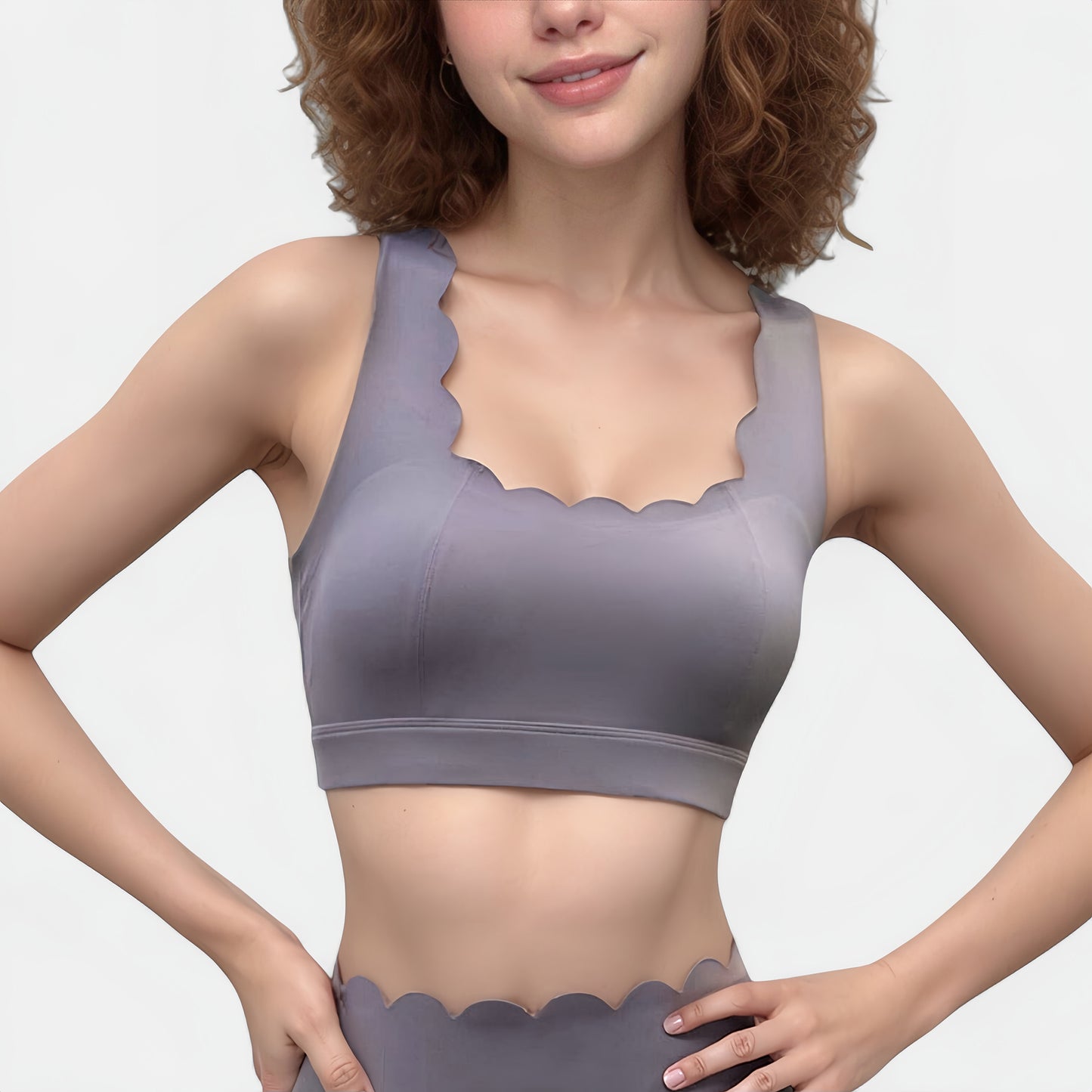 Scalloped Edge Sports Bra Top with Wide Straps and Soft Stretch Fabric