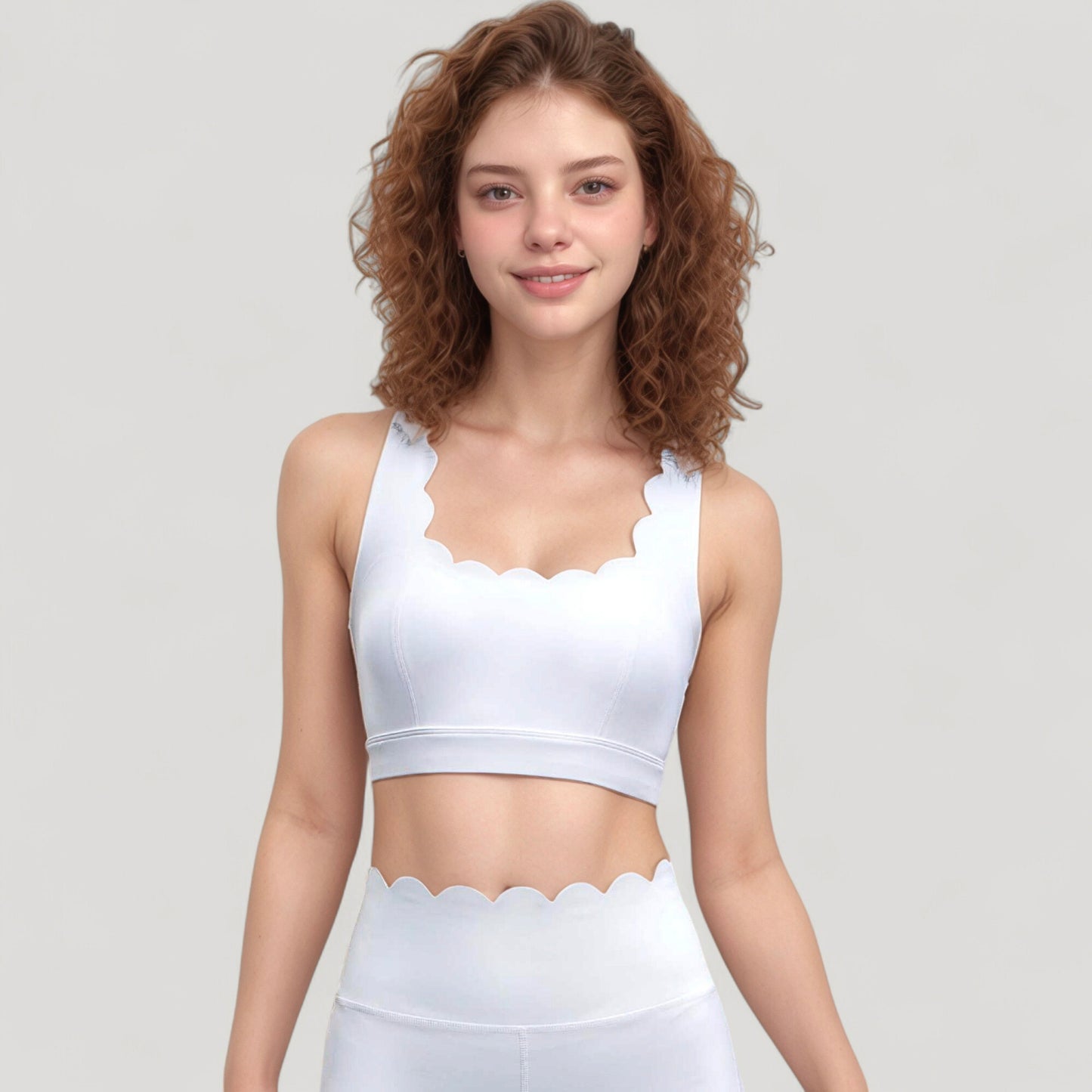 Scalloped Edge Sports Bra Top with Wide Straps and Soft Stretch Fabric