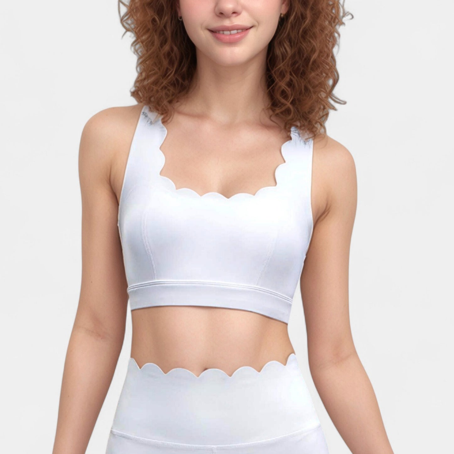 Scalloped Edge Sports Bra Top with Wide Straps and Soft Stretch Fabric