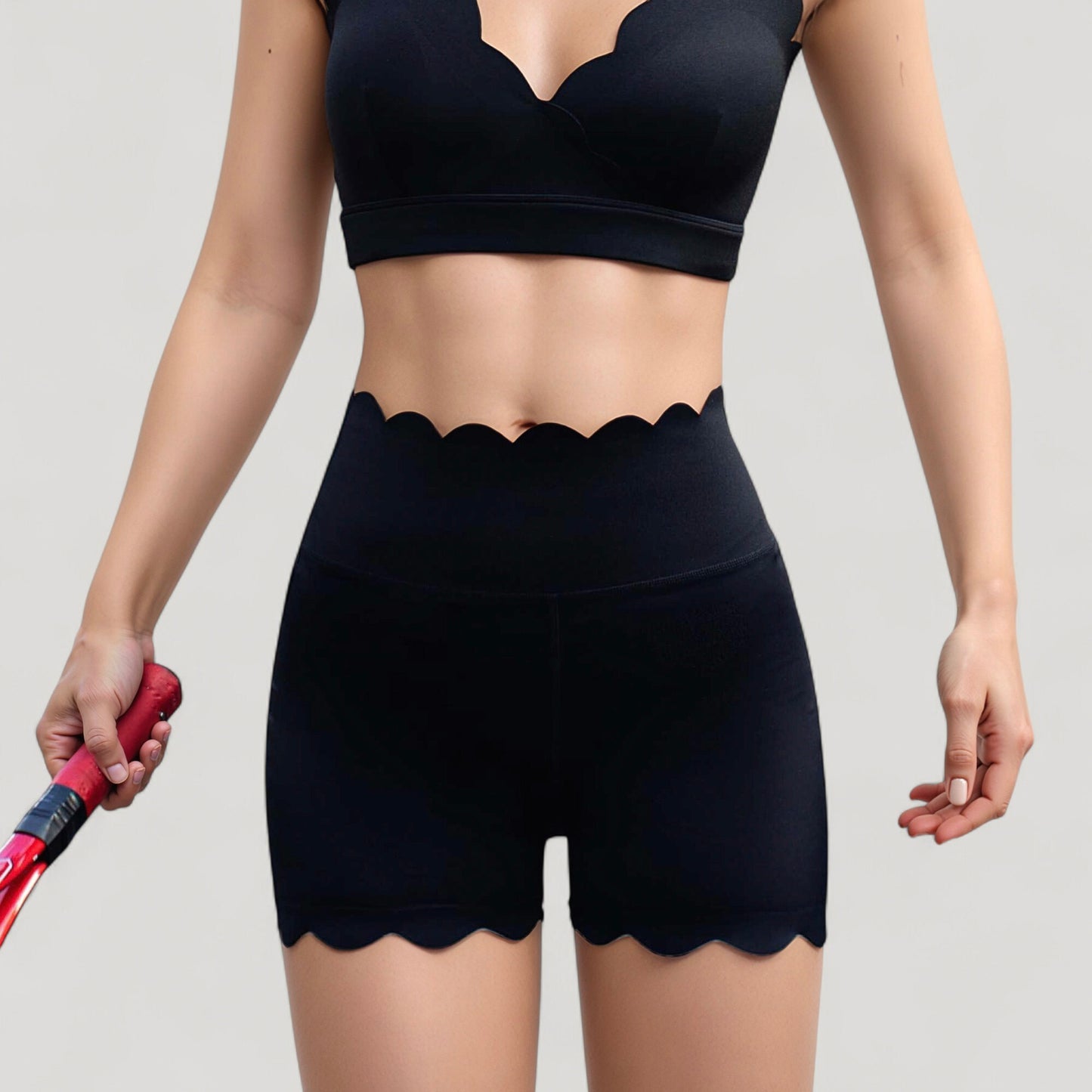 Scalloped High Waist Athletic Shorts with Soft Stretch Fabric and Seamless Waistband