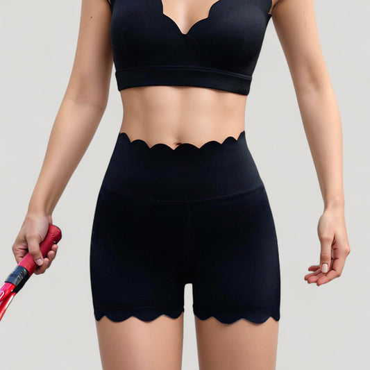 Scalloped High Waist Athletic Shorts with Soft Stretch Fabric and Seamless Waistband