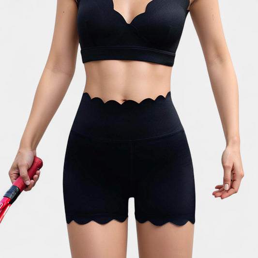 Scalloped High Waist Athletic Shorts with Soft Stretch Fabric and Seamless Waistband