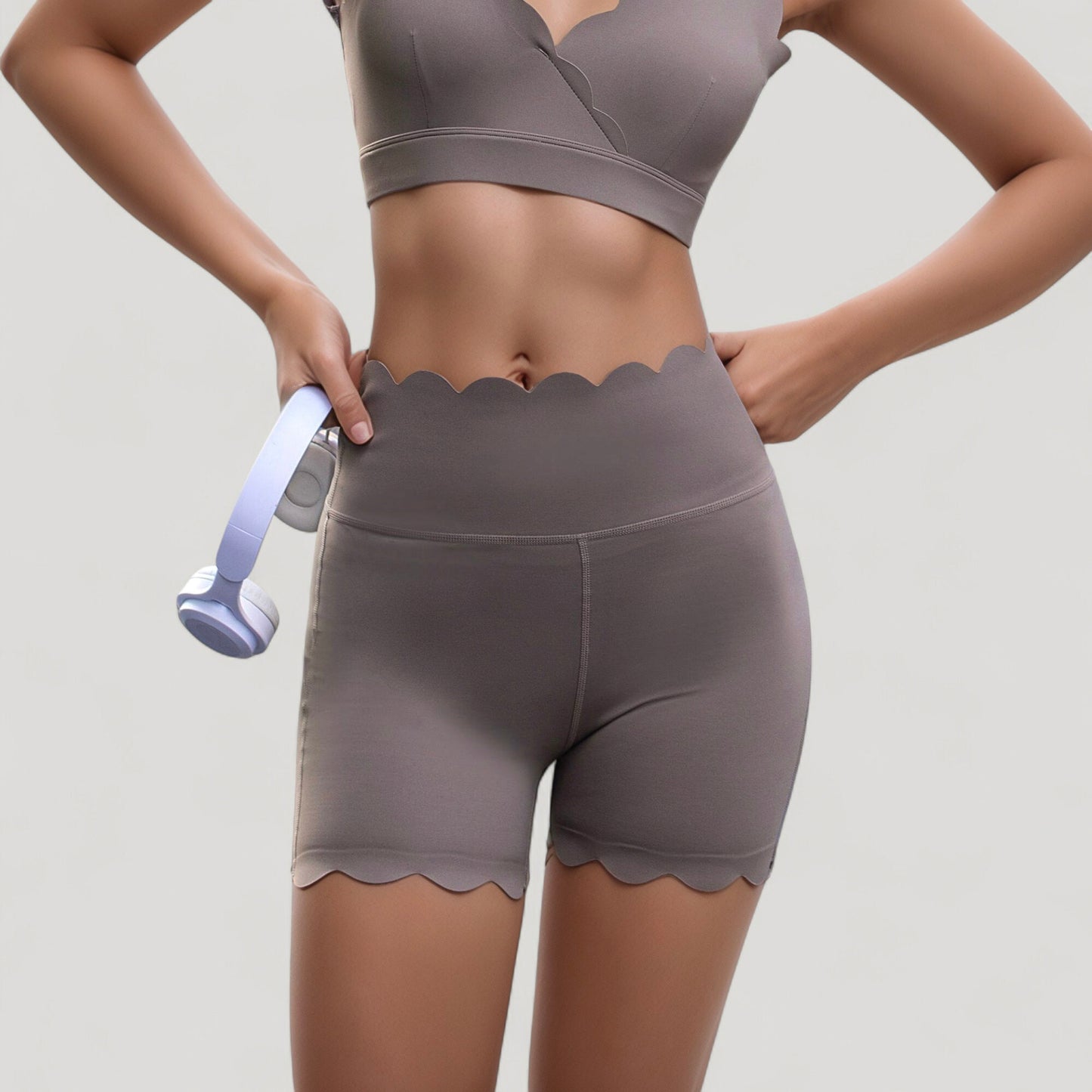 Scalloped High Waist Athletic Shorts with Soft Stretch Fabric and Seamless Waistband