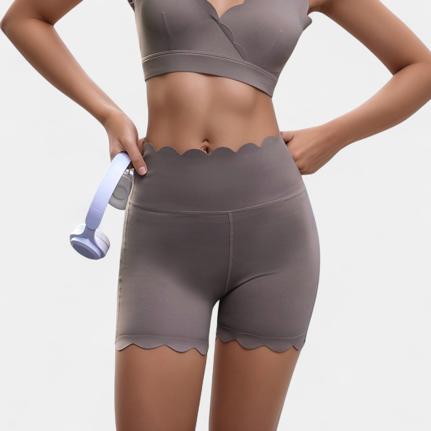 Scalloped High Waist Athletic Shorts with Soft Stretch Fabric and Seamless Waistband