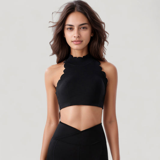 High Neck Scallop Edge Sports Bra with Sleeveless Cut and Stylish Back Detailing for Light Activity