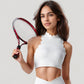 High Neck Scallop Edge Sports Bra with Sleeveless Cut and Stylish Back Detailing for Light Activity