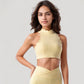 High Neck Scallop Edge Sports Bra with Sleeveless Cut and Stylish Back Detailing for Light Activity
