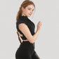 Scallop Edge High Neck Cropped Top with Cap Sleeves and Open Back Detail