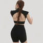 Scallop Edge High Neck Cropped Top with Cap Sleeves and Open Back Detail