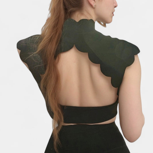 Scallop Edge High Neck Cropped Top with Cap Sleeves and Open Back Detail