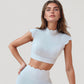 Scallop Edge High Neck Cropped Top with Cap Sleeves and Open Back Detail