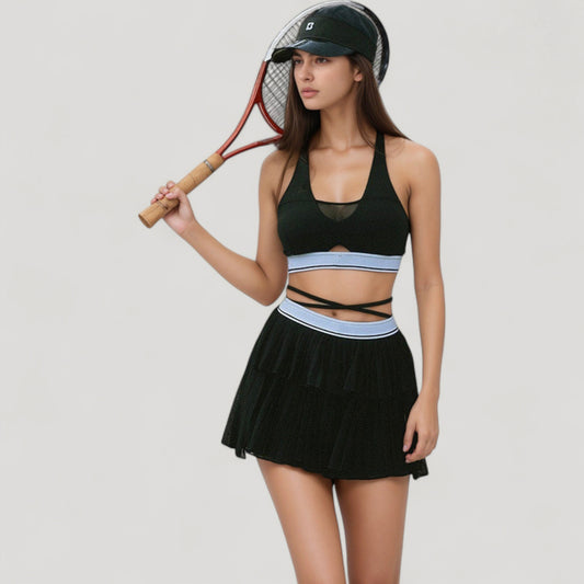 Athletic Pleated Mini Skirt with Double Layer Mesh Design and Contrast Waistband