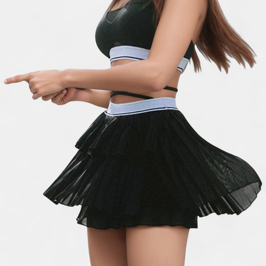 Athletic Pleated Mini Skirt with Double Layer Mesh Design and Contrast Waistband