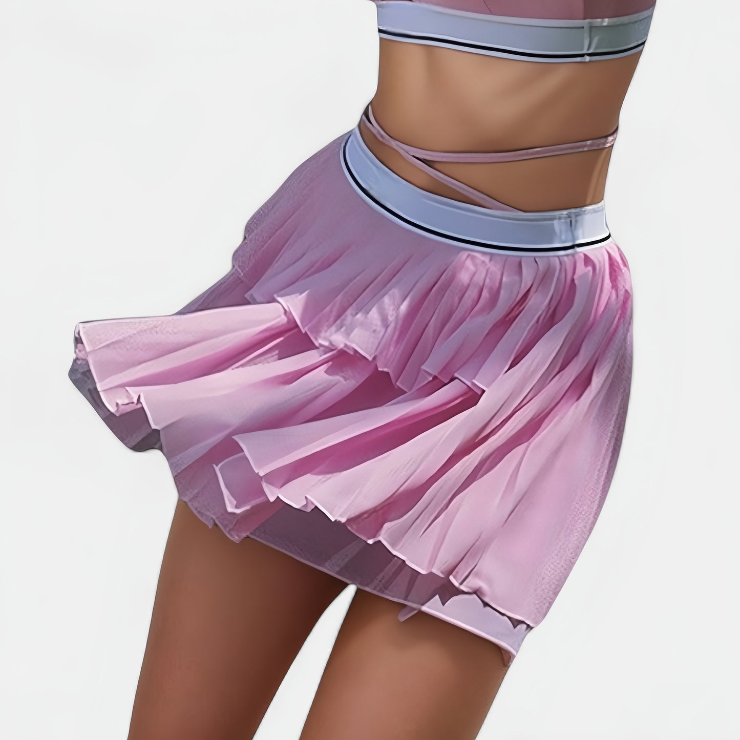 Athletic Pleated Mini Skirt with Double Layer Mesh Design and Contrast Waistband