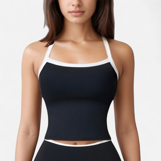 Square Neck Cropped Active Tank with Contrast Trim and Built-In Bra for Light Support