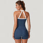 Square Neck Cropped Active Tank with Contrast Trim and Built-In Bra for Light Support