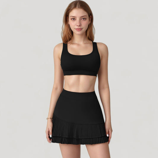 High Neck Crop Top with Scallop Trim Sleeveless Design and Seamless Finish Matching High Waist Leggings