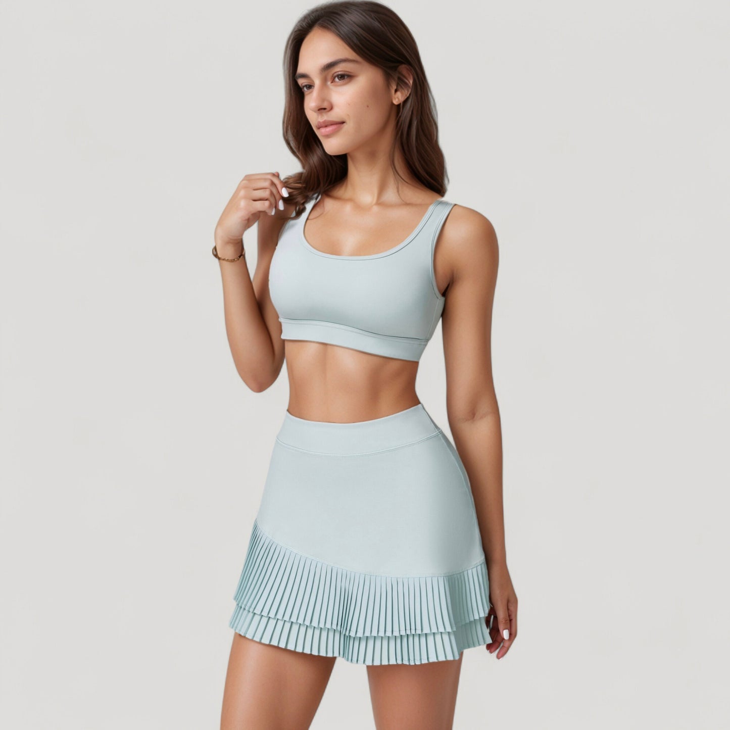 High Neck Crop Top with Scallop Trim Sleeveless Design and Seamless Finish Matching High Waist Leggings