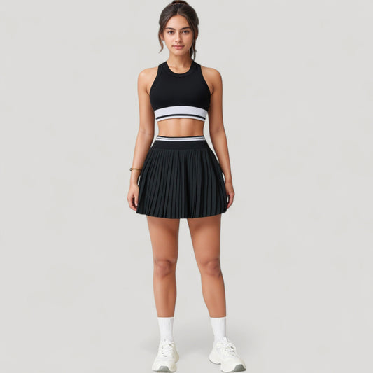High Neck Crop Top with Contrast Stripe Hem and Fitted Athletic Design