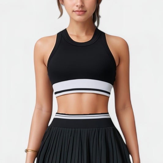 High Neck Crop Top with Contrast Stripe Hem and Fitted Athletic Design