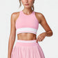 High Neck Crop Top with Contrast Stripe Hem and Fitted Athletic Design