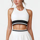 High Neck Crop Top with Contrast Stripe Hem and Fitted Athletic Design