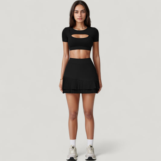 Short Sleeve Cropped Active Top with Keyhole Front Cutout and Built-In Bra for Medium Support